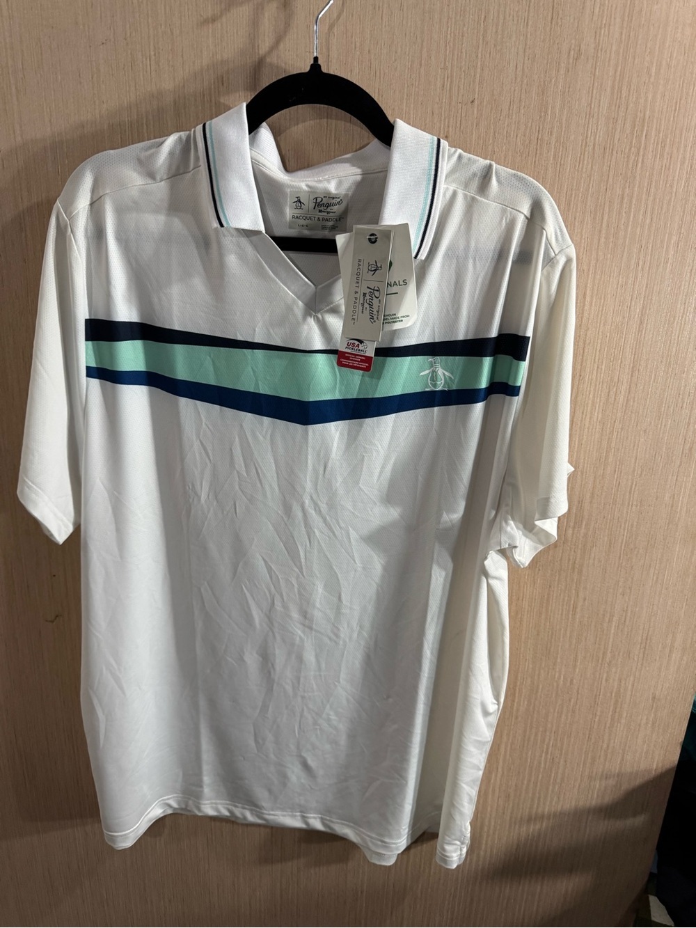 Original Penguin Racquet & Paddle White Polo with Navy and Mint Chevron Stripes